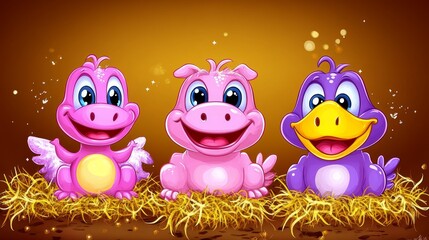 Obraz premium Cheerful cartoon trio of whimsical creatures featuring a playful dragon hippopotamus and bird set in vibrant digital art style radiating joy