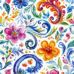 Vibrant Floral Pattern with Colorful Swirls and Decorative Elements