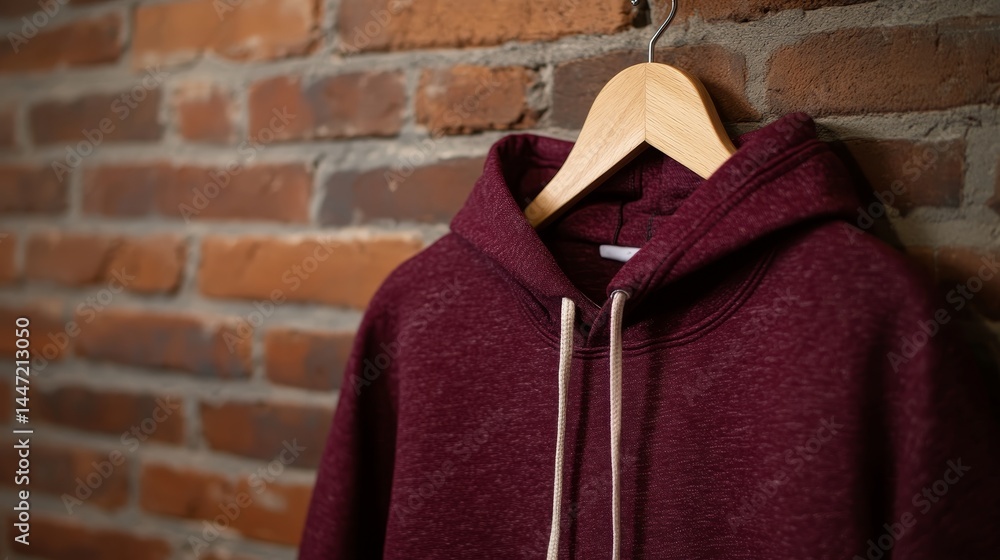 Poster a burgundy hoodie hangs on a wooden hanger, set against a rustic brick wall that adds texture and co