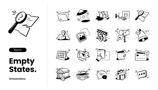 Empty state, empty inbox, nothing found, no results, error 404, no connection, page not found, no messages. Vector illustration