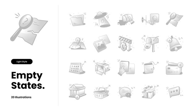 Empty state, empty inbox, nothing found, no results, error 404, no connection, page not found, no messages. Vector illustration