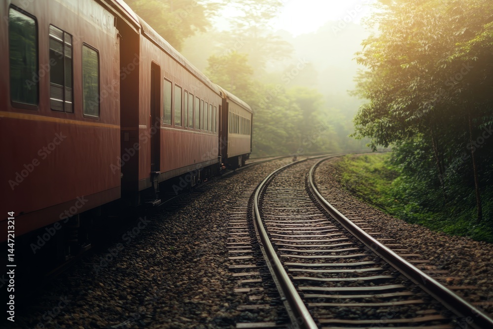 Poster a sleek train travels smoothly on tracks adjacent to a dense green forest, with gentle sunlight filt