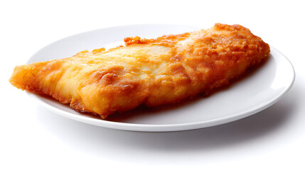 Single Perfectly Cooked Piece of Fried Fish on a White Plate Isolated on a Bright Background