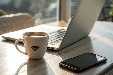 Wi-Fi Enabled Workspace with Coffee and Devices on Cafe Table