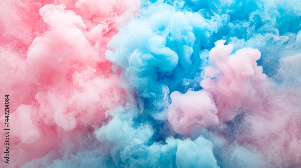 Poster swirling multicolored smoke creates a mesmerizing blend of pink and blue tones, contrasting against 