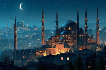 Fototapeta premium At night, during Ramadan festivities, the blue mosque is lighted by the crescent moon, city lights, and the silhouettes of minarets. Generative Ai