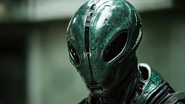 Close-up view of a futuristic robotic headpiece.