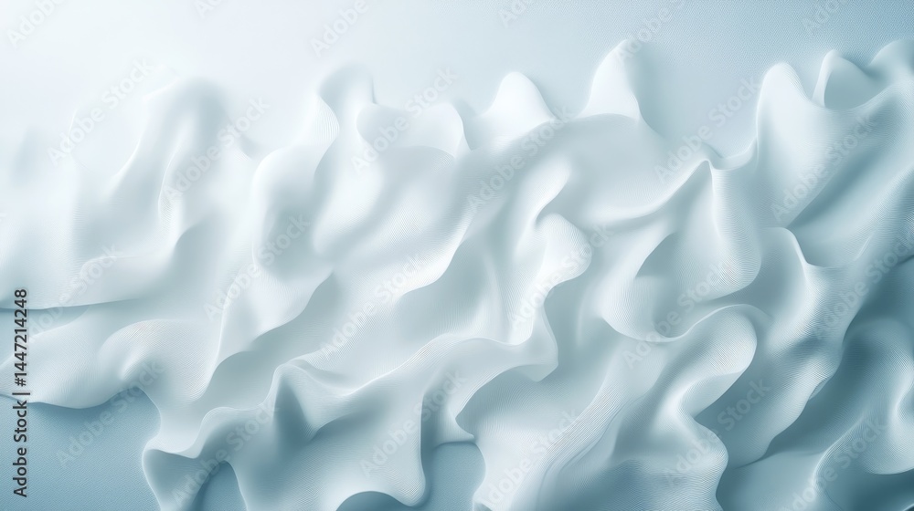 Poster sheer white fabric floats gracefully, forming soft waves and delicate shadows against a subtle gray 