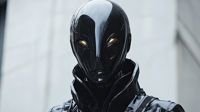 Close-up of a futuristic, dark, robotic head.
