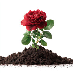 A vibrant red rose emerges from rich soil