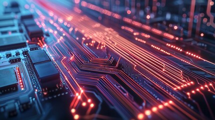 Obraz premium Macro shot of advanced printed circuit board glowing microchips and fiber pathways