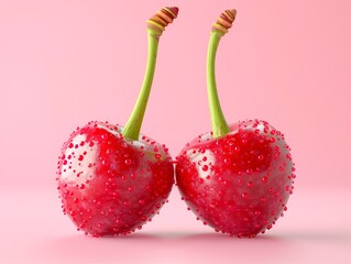 Cherry , solid color background, 3D rendering, front view, symmetrical composition, studio lighting