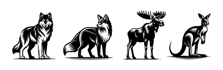 Obraz premium Black and white vector silhouette illustration of wolf, fox, moose, and kangaroo on a white background.