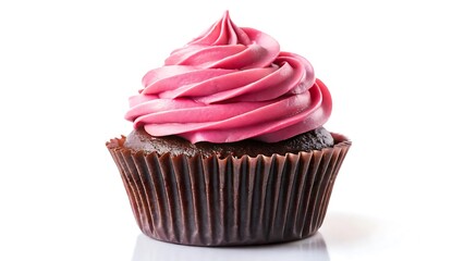 Chocolate cupcake with pink frosting swirl isolated on white background