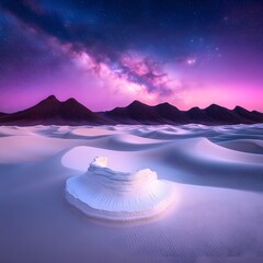 Serene desert landscape under a vibrant purple night sky with majestic mountains and a unique sand formation