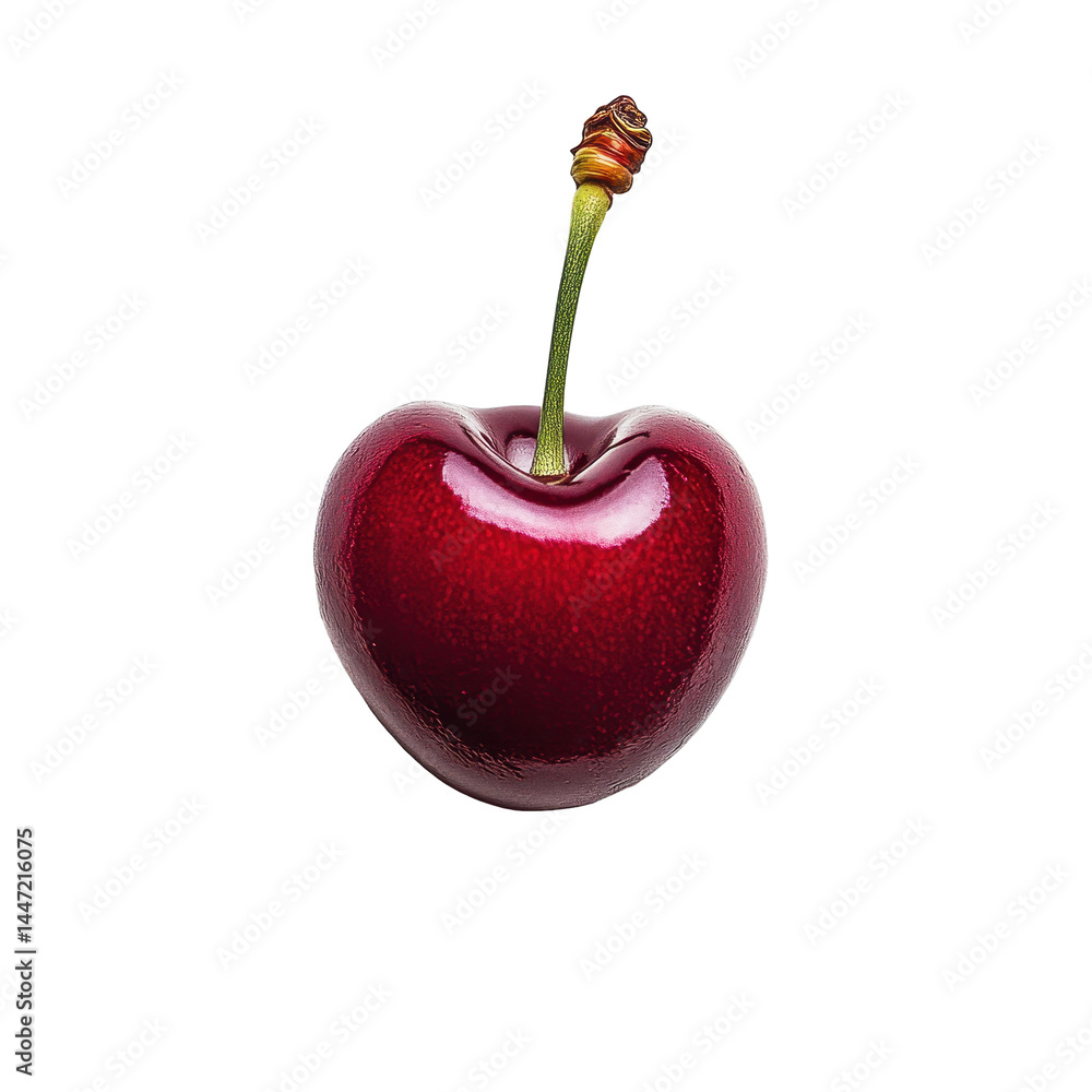 Poster close up view of half a shiny red cherry on a clean white background highlighting its texture and co