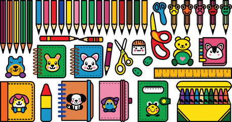 Obraz premium set of stationery or school supplies vector shape. Stationery or Stationary shape art hand drawn doodle vector illustration.