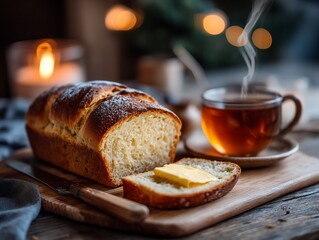 Warm brioche tea and cozy setting