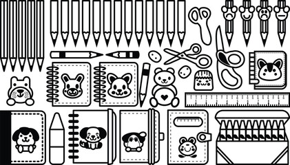 set of stationery or school supplies vector outline. Stationery or Stationary line art hand drawn doodle vector illustration.