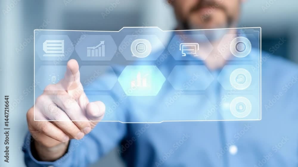 Poster navigating digital realms: a professional interacts with an innovative transparent digital interface
