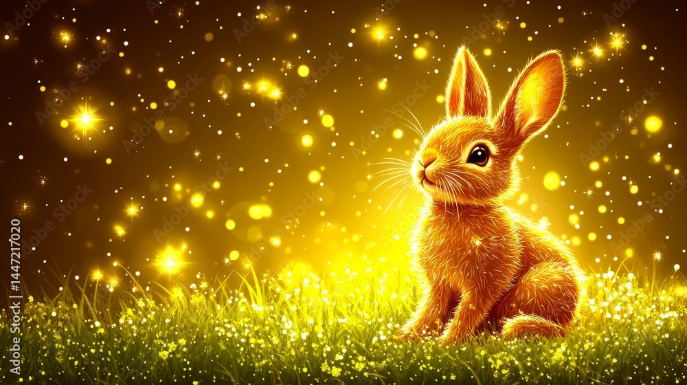 Poster enchanted rabbit in a golden meadow a whimsical fantasy scene with a shimmering bunny amidst sparkli