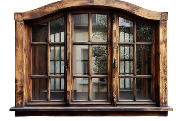 A realistic wooden window with double panes, isolated on a transparent background