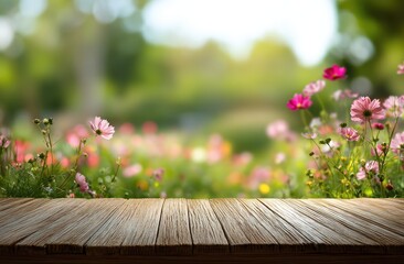 Wooden table in a garden with flowers