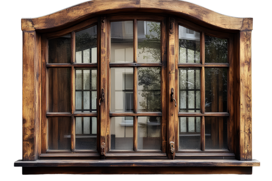 A realistic wooden window with double panes, isolated on a transparent background