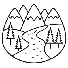 River Forest Outline Coloring Book Page Line Art