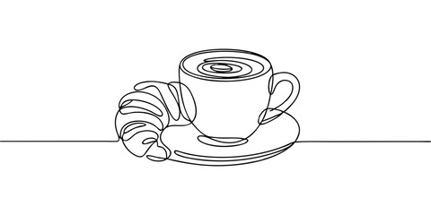 One line coffee cup and croissant illustration