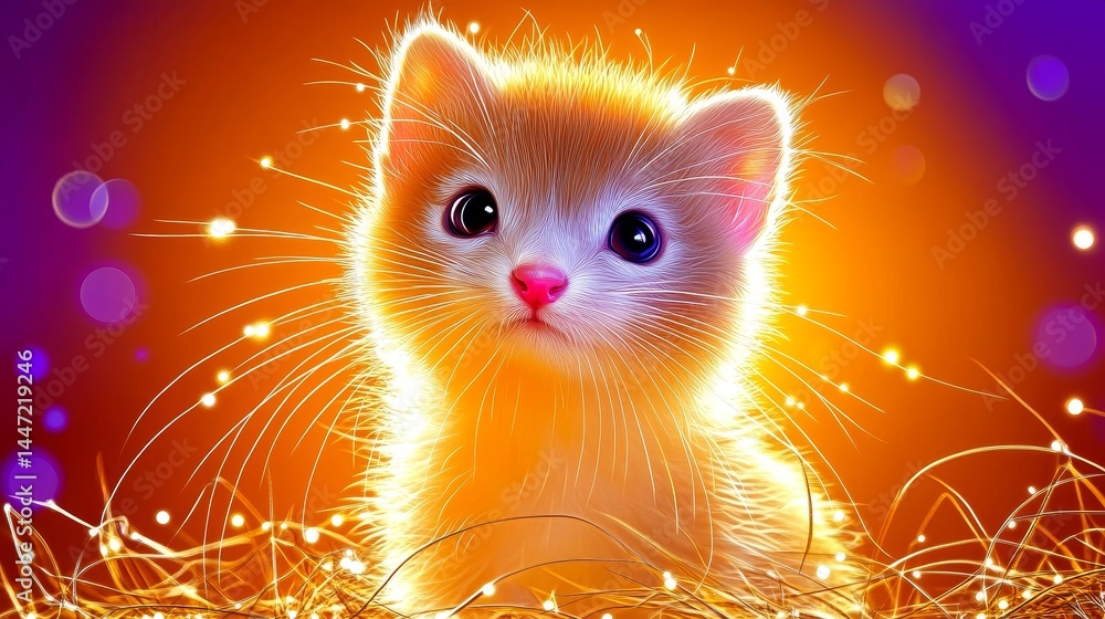 Poster a whimsical kitten portrait with vibrant colors shimmering effects and bokeh adding a touch of fanta