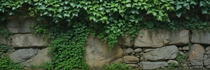 Ancient stone, ivy-covered, weathered texture, green foliage , weathered, environmental, wildness