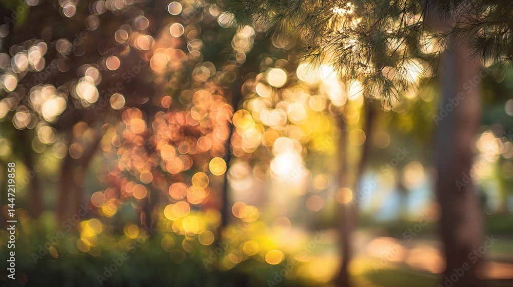 Poster soft glowing bokeh in sunlit garden with trees and greenery