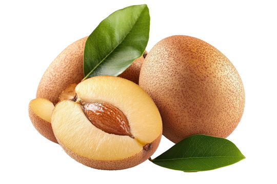 Close-up of sapodilla fruit, whole and halved, with vibrant green leaves, showcasing the fruit's rich color and texture.