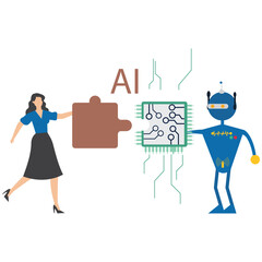 Businesswoman and ai robot hand connect jigsaw puzzle together.Human and Artificial Intelligence working together machine or automation to help or support work