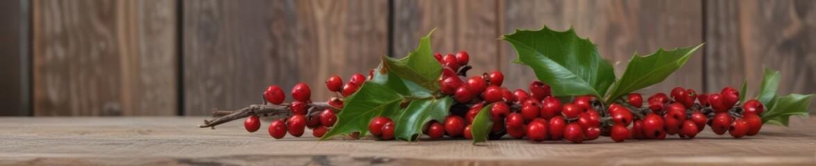A vibrant holly sprig with ripe red berries rests on a rustic wooden side table , plant, rustic