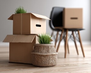 Moving boxes partially unpacked, furniture arranged, sense of new beginnings - furniture anew unpacked setting