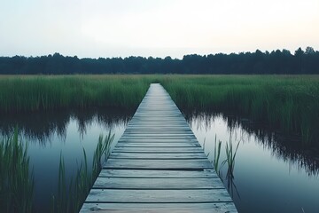 Naklejka premium Serene Wooden Boardwalk Leading Through Tranquil Marsh Landscape at Dusk