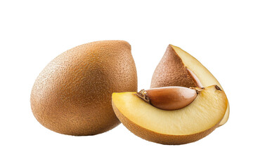 Two halves of a golden kiwi fruit, one whole and one sliced, displaying the  interior flesh and seed.  A high-quality  shot.