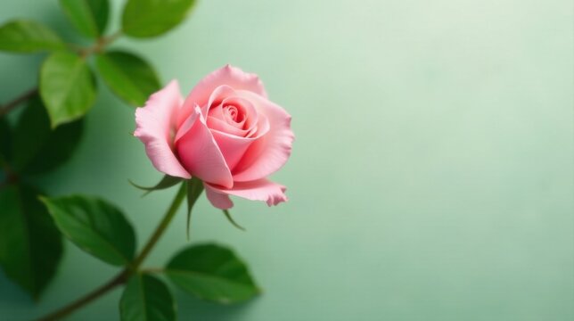 A Delicate Pink Rose with Lush Green Foliage on a Soft Mint Background