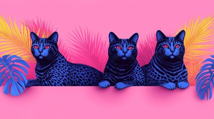 Pixelated paradise three felines on a vibrant pink stage tropical leaves and colorful confetti for a playful pop art composition