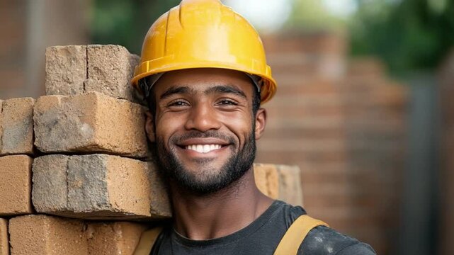 Smiling Construction Worker: A construction worker wearing a yellow hard hat beams brightly, holding a stack of bricks on his shoulder.