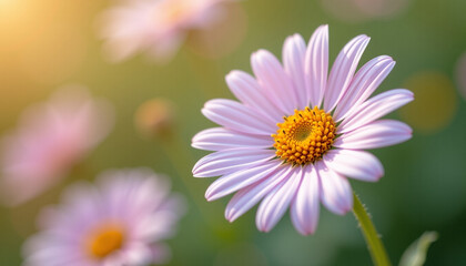 Fototapeta premium Blooming daisy flower in focus with soft pink petals and bright yellow center glowing warmly in natural sunlight