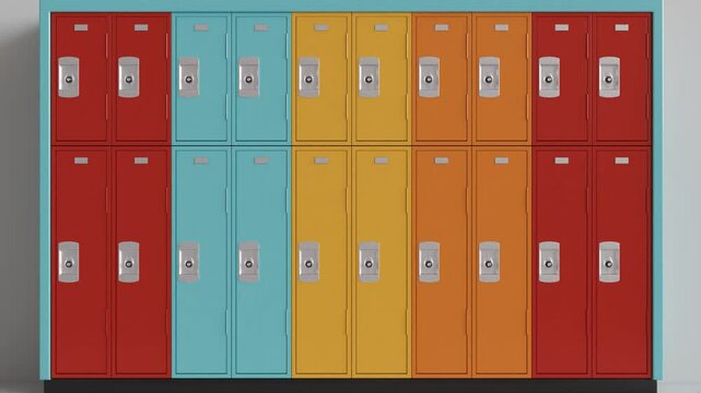 A bank of colourful school lockers with doors sequentially opening and closing in a loop - 3D render