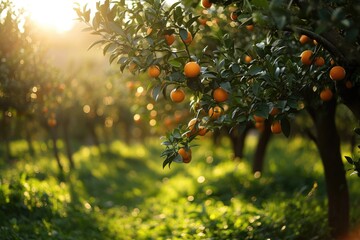 A garden of orange trees at sunset. A ripe crop of citrus fruits on a farm on a summer day.