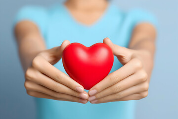 Obraz premium A person holds a red heart in their hands, symbolizing love, care, and kindness against a soft blue background.