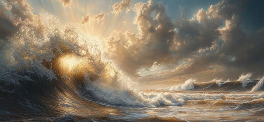 Dramatic Ocean Wave at Sunset, Golden Light and Dark Clouds