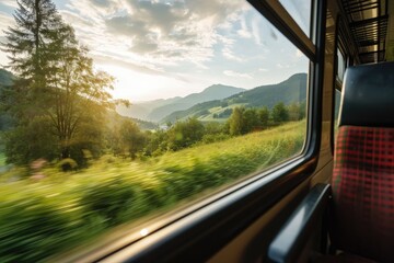 Obraz premium A view from the window of a rushing intercity train on green fields and mountains flying by. Traveling in an old deserted train carriage on a summer day.