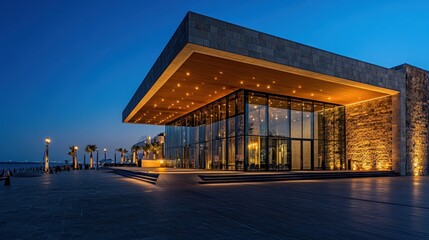 Fototapeta premium Illuminated modern building at twilight
