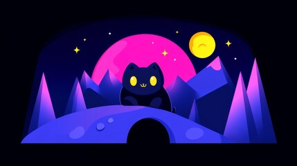 Enigmatic feline amidst celestial gradients a pixelated black cat bathed in luminous lunar glow an ethereal nightscape with mountains and starry allure